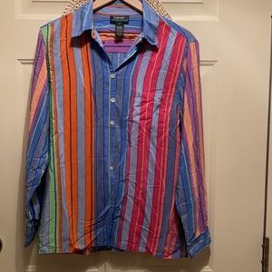 Vintage Lauren Ralph Lauren Women’s Silk Button Down Shirt Striped Blue Multi 12